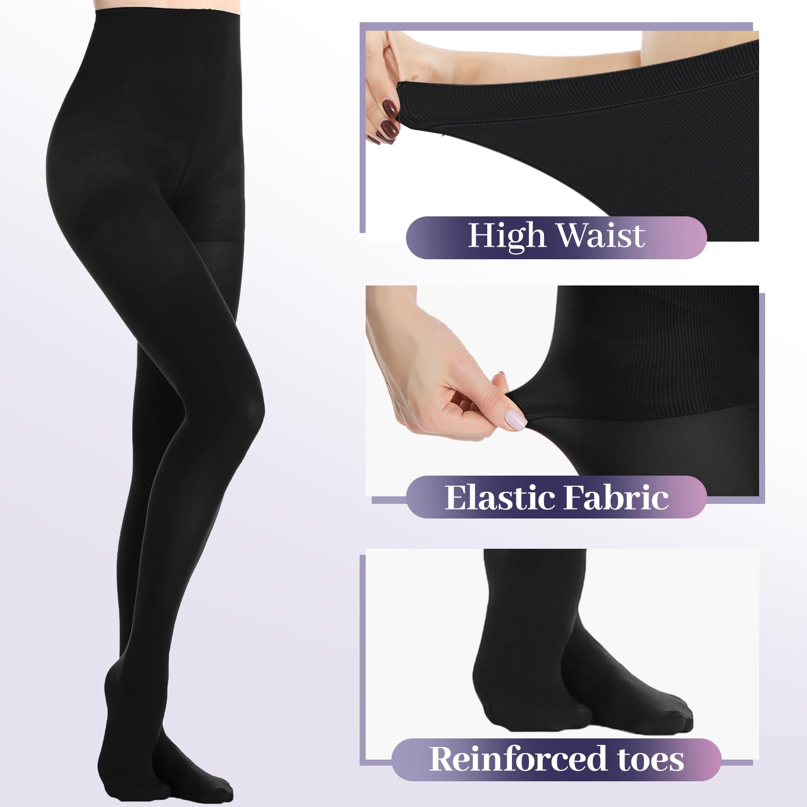 MANZI 2 Pairs Women's Run Resistant Control Top Panty Hose Opaque Tights, Small, Black - Medaid International