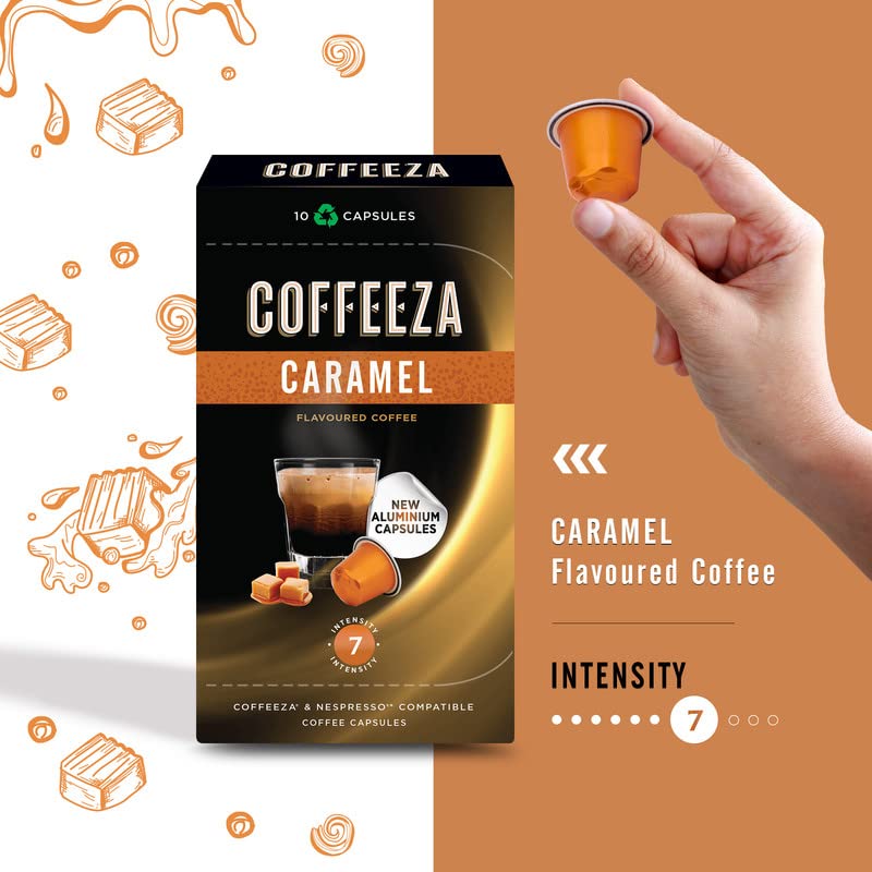 Coffeeza Caramel Flavored coffee pods | Intensity – 7, 100% Arabica Aluminium Coffee Pods, 3 Pack - 30 Flavoured Pods (Compatible with OriginalLine Machines only*)