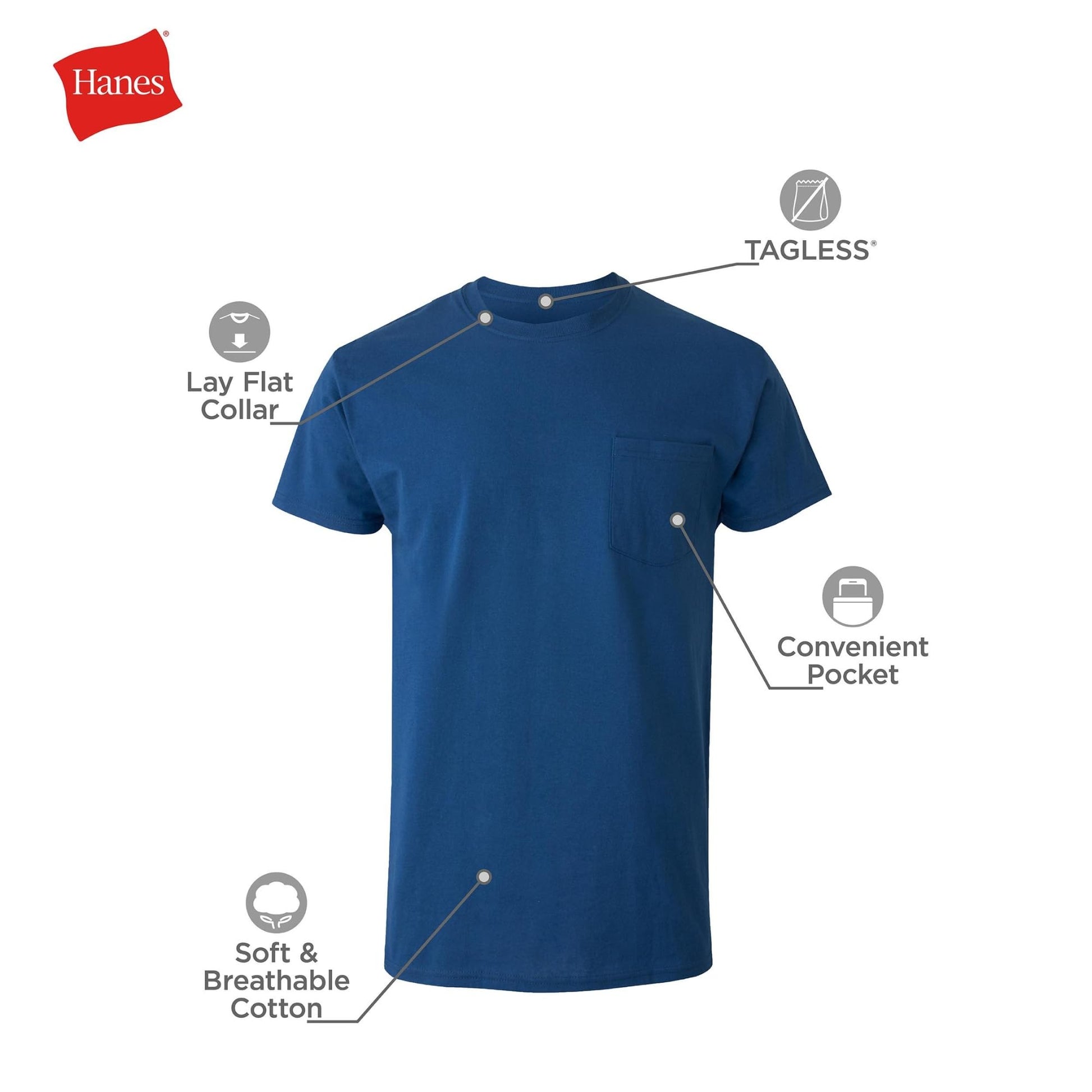 Hanes Men's Cotton Pocket T-Shirt, Moisture-Wicking with Odor Control, Assorted, 6-Pack - Medaid International