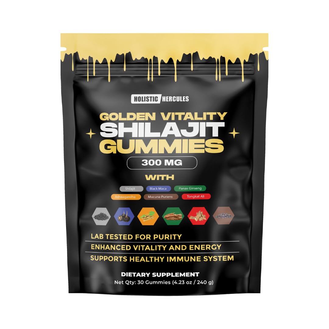 Holistic Hercules Himalayan Gold Shilajit Gummies with Ashwagandha Black Maca Tongkat Ali Panax Ginseng Mucuna | 100% Natural Organic | Vegan Non-GMO Sugar-Free (30) - Medaid International