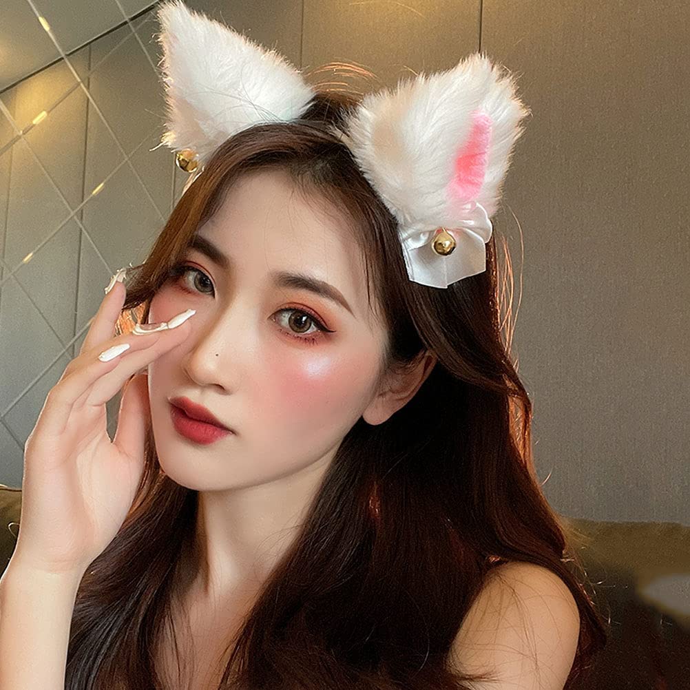 Terrifi Cat Ears Hair Band, Cute Fox Faux Fur Ear Cosplay Hairband With Bells Clip Hoop Accessories For Halloween Costume Party 2 Pcs