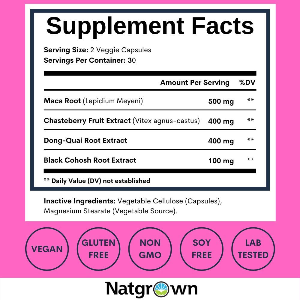 Natgrown Hormone Balance for Women PMS & Menopause Supplement for Fertility Hormonal & Menstrual Support, Helps Relief Hot Flashes - Maca Root, Vitex, Dong Quai & Black Cohosh Complex -Vegan Capsules - Medaid International