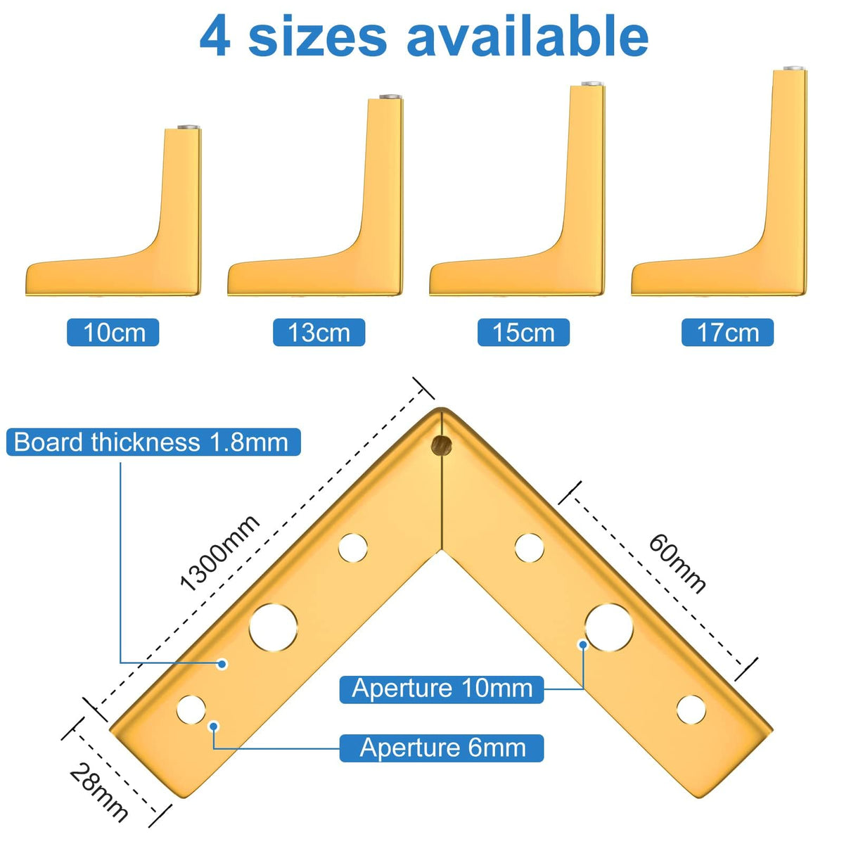 KASTWAVE Furniture Legs, 17cm Heavy Duty Furniture Metal Table Legs with Screws & Protector Feet for Cabinet, Wardrobe, TV Cabinets, Drawers, Nightstand (4 Pcs, Gold)