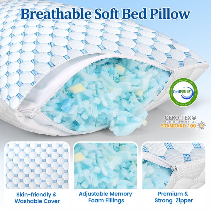 CloudBliss Shredded Memory Foam Pillow for Sleeping - Adjustable Cooling Pillow with Breathable Washable Cover, CertiPUR-US Certified, 1 Pack Queen Size for Side/Back/Stomach Sleepers - Medaid International