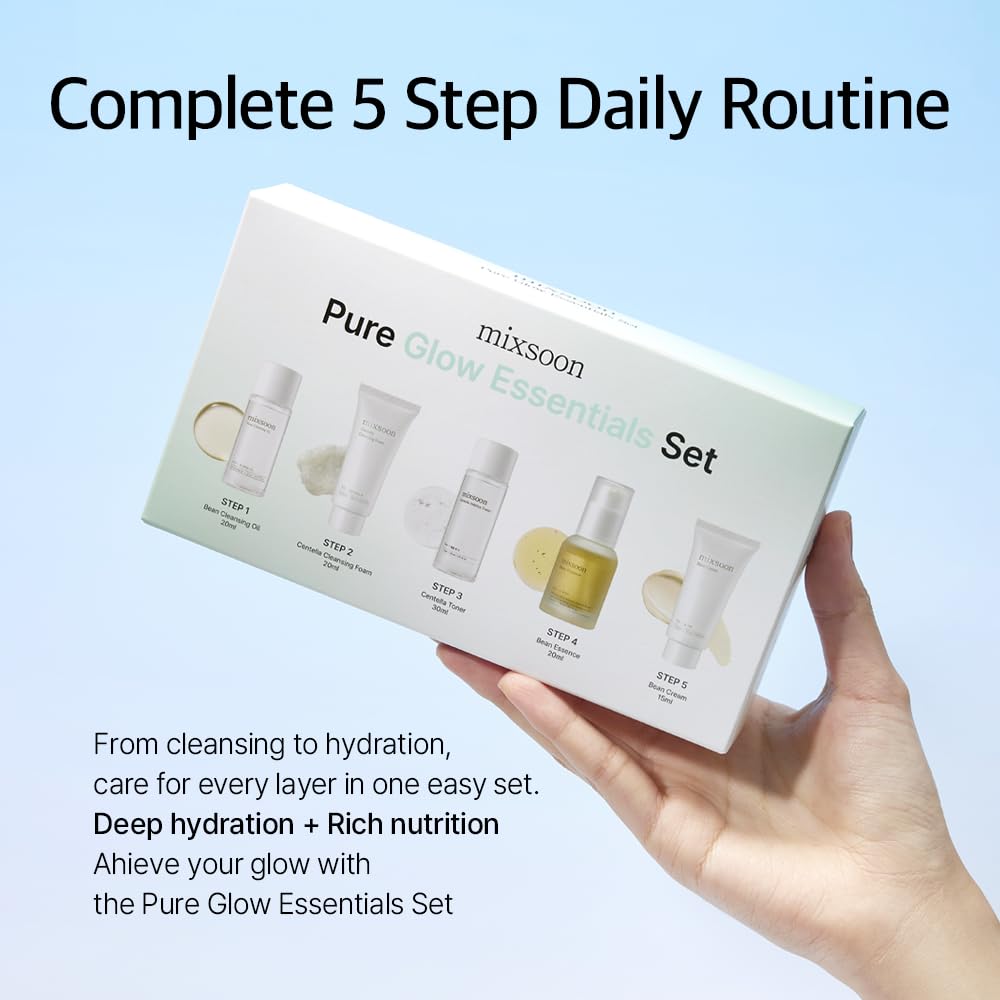 mixsoon Pure Glow Essentials Set-5-Step Skincare Kit - Hydrating Skincare Gift Set, Cleansing Oil, Foam, Toner, Essence, Cream (15ml*1+20ml*3+30ml*1) 105ml / 3.55 Fl. Oz. Korean Glass Skin Care - Medaid International