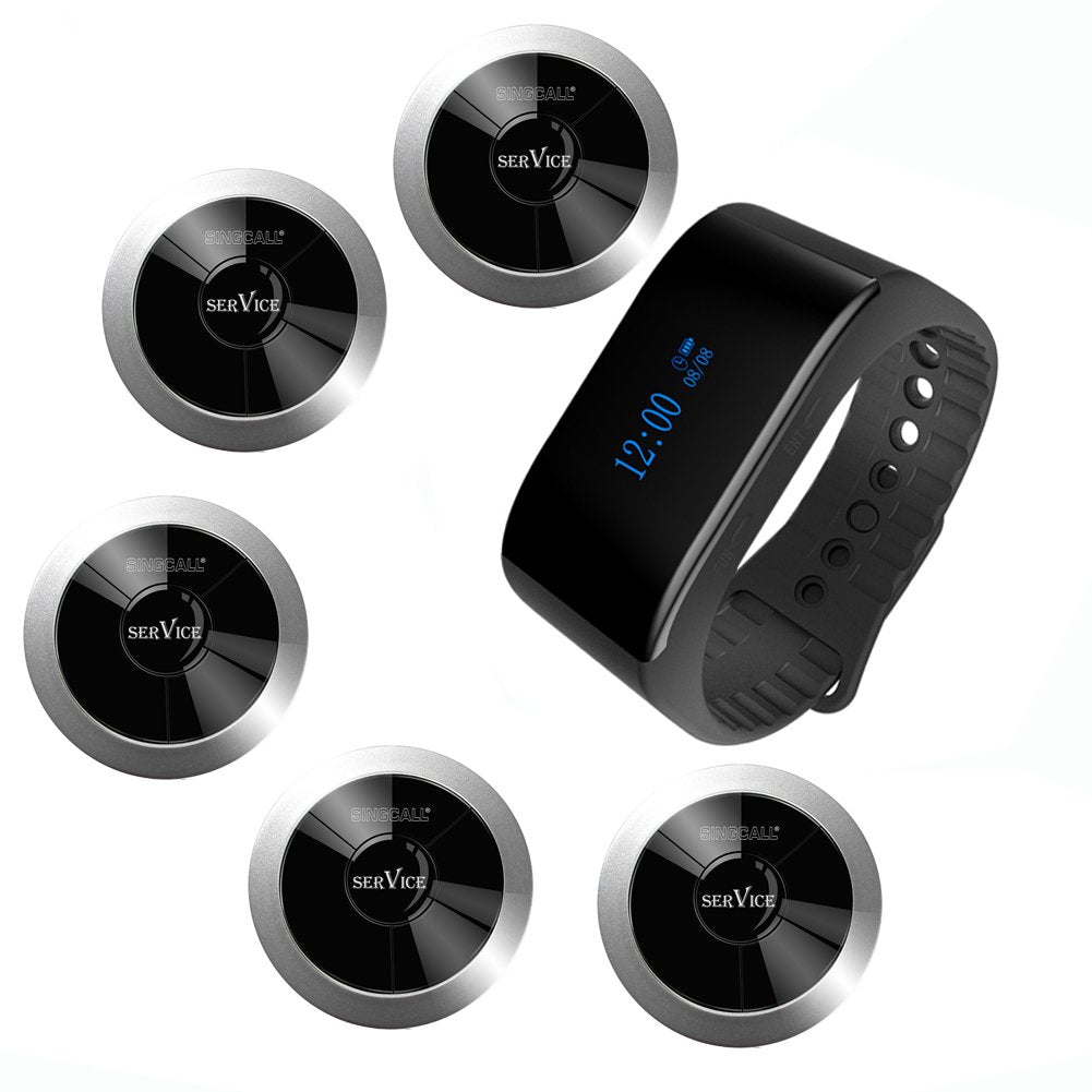 SINGCALL Wireless Calling System, Nurse Call System, 360 Degree Waterproof Pager Watch Receiver, No Screw Pager, Pack of 5 Pagers and 1 Receiver - Medaid International