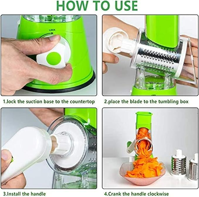 Tabletop Drum 3-in-1 Vegetable Cutter & Rotary Cheese Grater ‚Äì Multifunctional Slicer with 3 Stainless Steel Blades for Vegetables, Fruits & Cheese - Medaid International