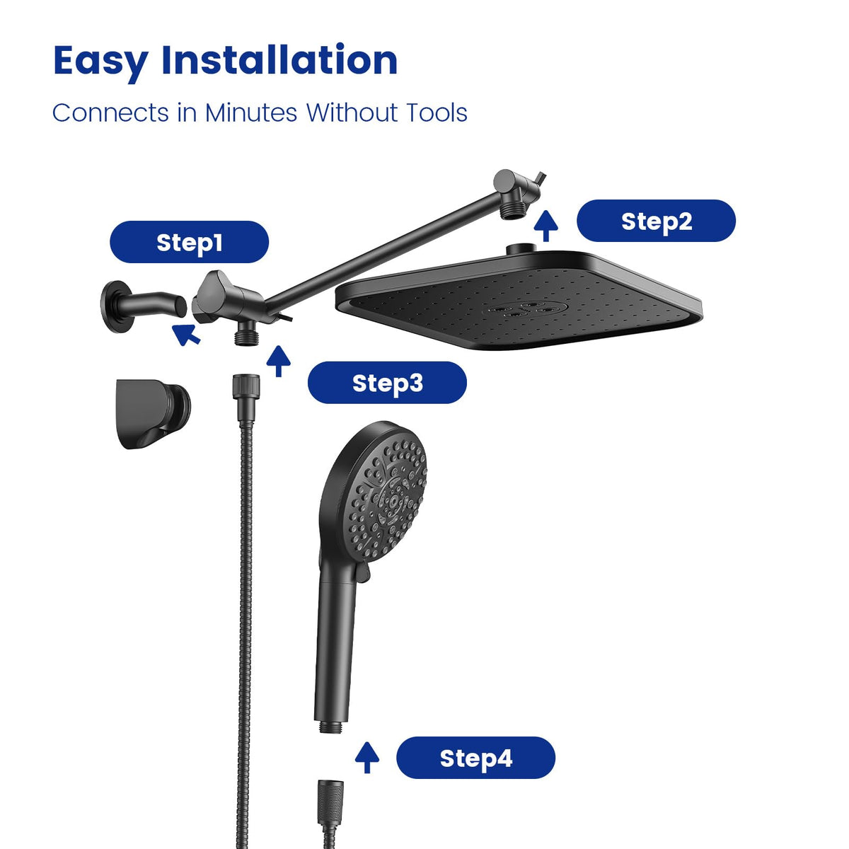 JOMOO Handheld Shower Head Combo, 10 Spray Modes High-Pressure Handheld Showerhead with 12" Square Rainfall Shower Combo, DOE Certified 2.5GPM Bathroom Filtered Shower Heads System, Matte Black