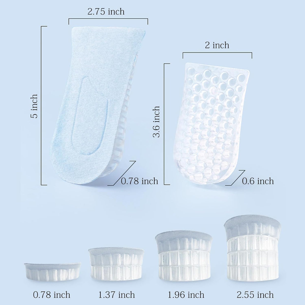 KASTWAVE 4-Layer Height Increase Insoles, Silicone Heel Cushion Inserts for Men and Women, Gel Heel Lift Inserts for Leg Length Discrepancy, 1Pair (Blue, 6.5 CM)