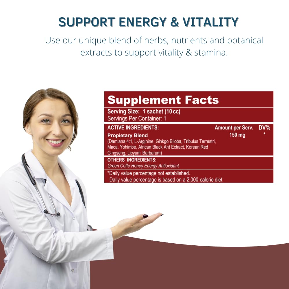 Zelux Supplement Box 8 Sachets - Booster for Vitality & Performance - Natural Stamina - Energy Support - Natural Ingredients Damiana, Tribulus Terrestri, Ginkgo Biloba, Maca, Korean Red Gingseng - Medaid International