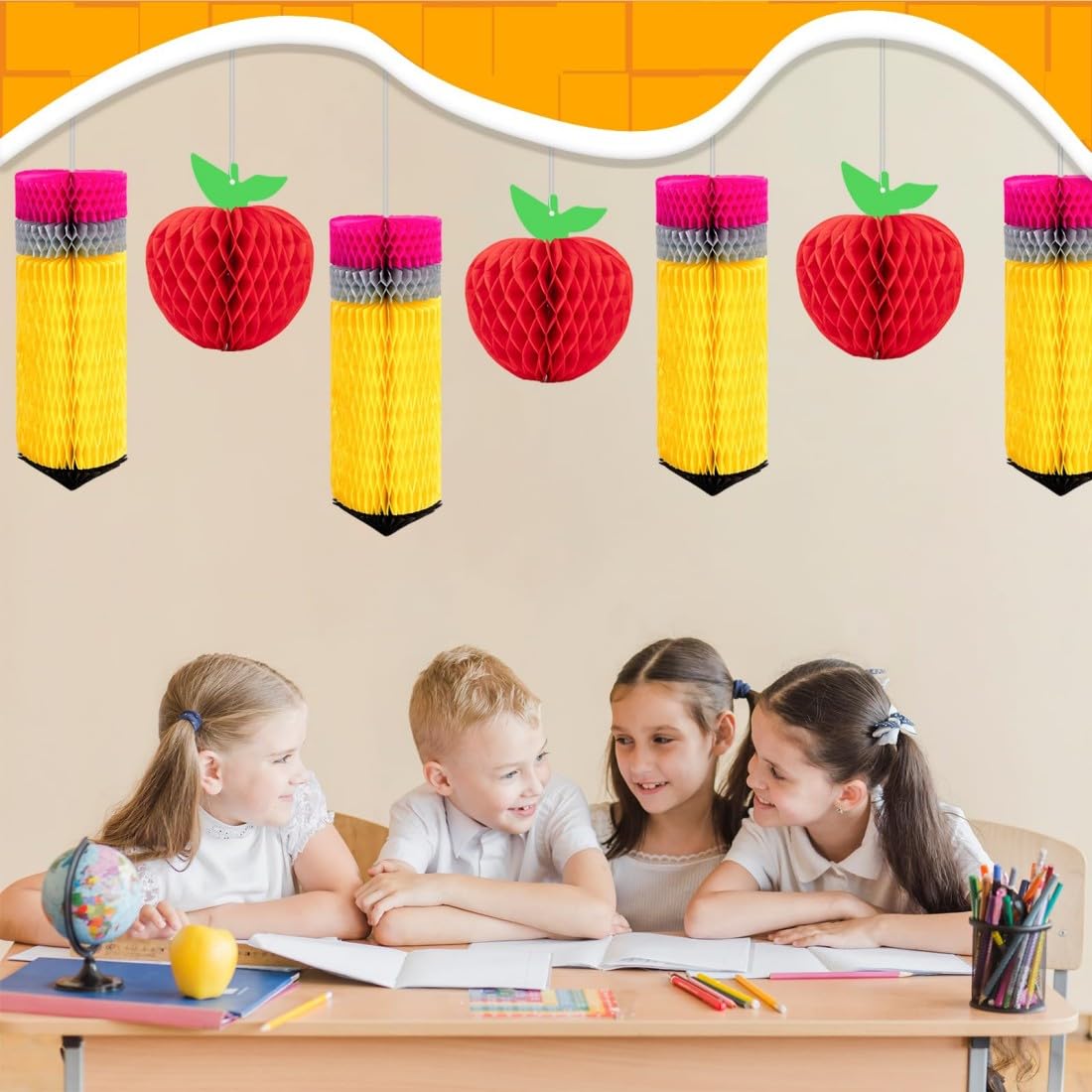 TERRIFI 16Pcs Back to School Classroom Decorations – Pencil & Apple Shaped Hanging Honeycomb Ornaments for Teacher Appreciation Week, First Day of School, Nursery, Primary