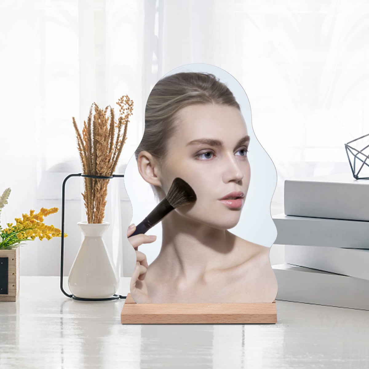 KASTWAVE Makeup Mirror Acrylic for Desk with Stand- Aesthetic Desk Decor Vanity Mirror-Frameless Table top for Bedroom, Living Room and Minimal Spaces Room Decor (Irregular)