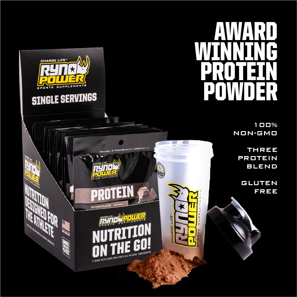 Ryno Power All Natural Whey Protein Singles Caddy (12 Servings) 'Chocolate' - 100% Whey Protein Blend & No Fillers - Non GMO - Medaid International