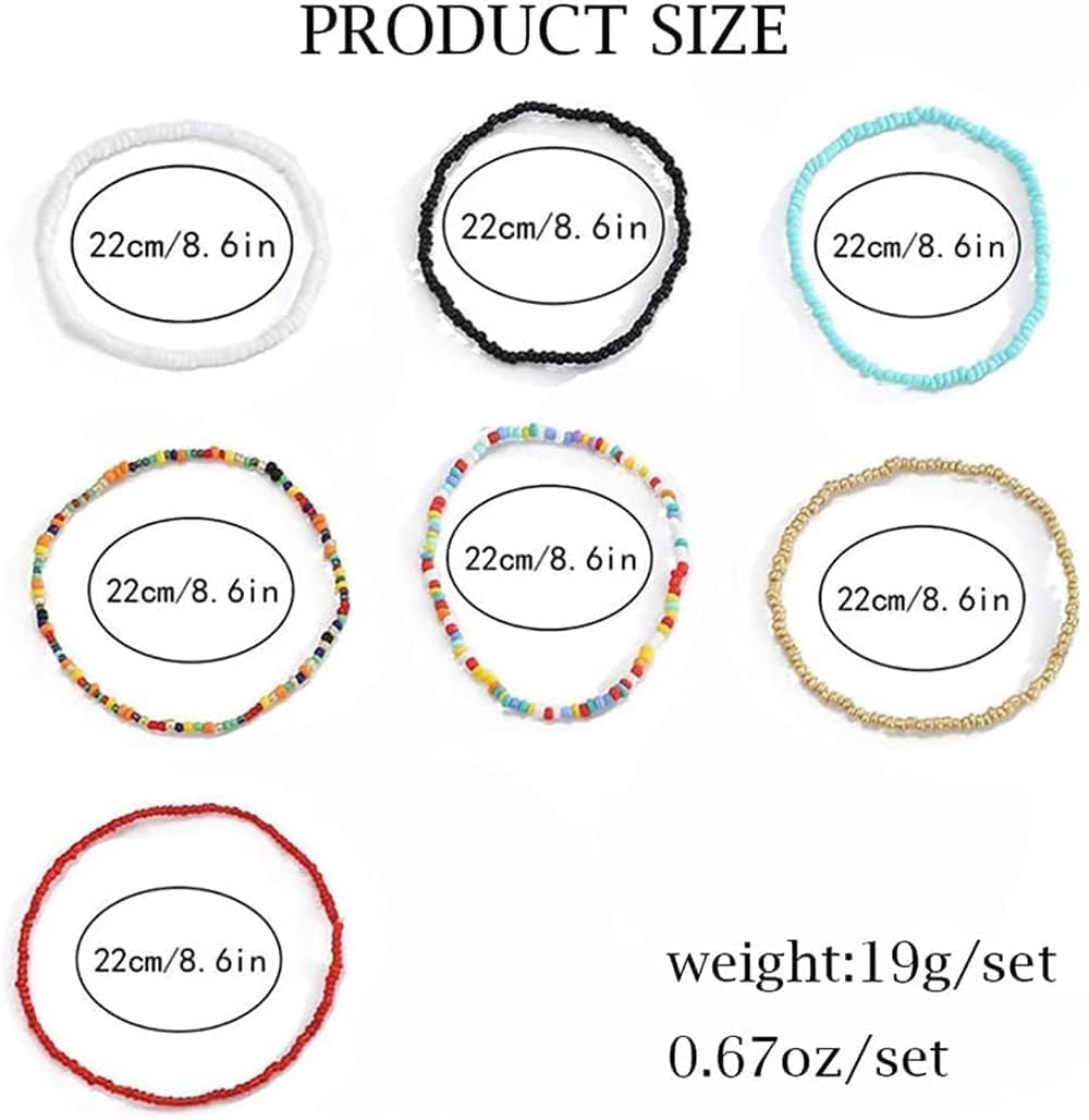 TERRIFI Multilayered Women Anklets, Beaded Elastic Foot Hand Chain Jewelry, Boho Colorful Ankle Bracelet Set (7Pcs)