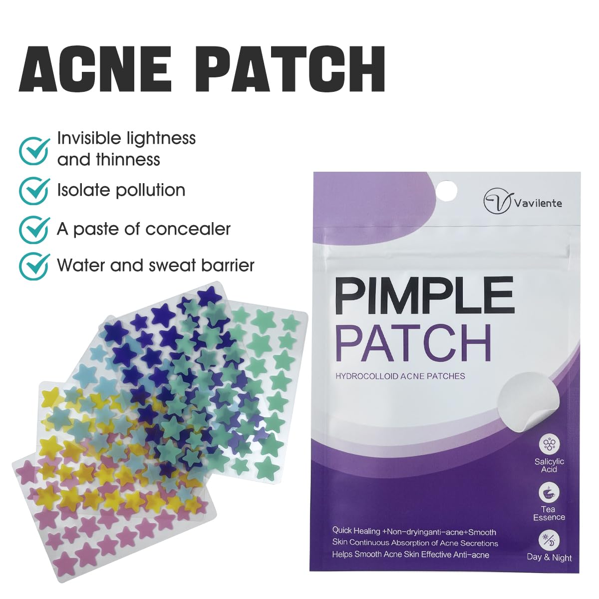 Vavilente Pimple Patches for Face Zit Dots,Hydrocolloid Pimple Patch Star with Tea Tree Oil Acne Patches Invisible,Star Face,Cute Acne Patch-Day and Night Use(200 Count) - Medaid International
