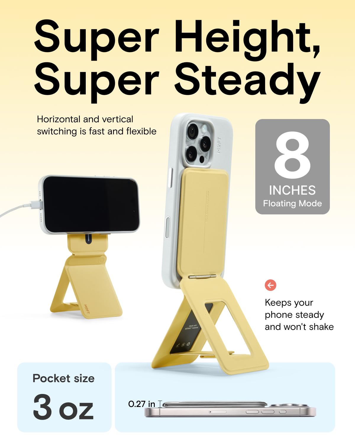 MOFT Phone Tripod Stand Selfie Stick for iPhone, Multi-Angles iPhone Stand, Lightweight & Portable Phone Holder, Strong Magnets, MOVAS Vegan Leather, Travel Essentials, Panna Cotta (Without Card Slot) - Medaid International
