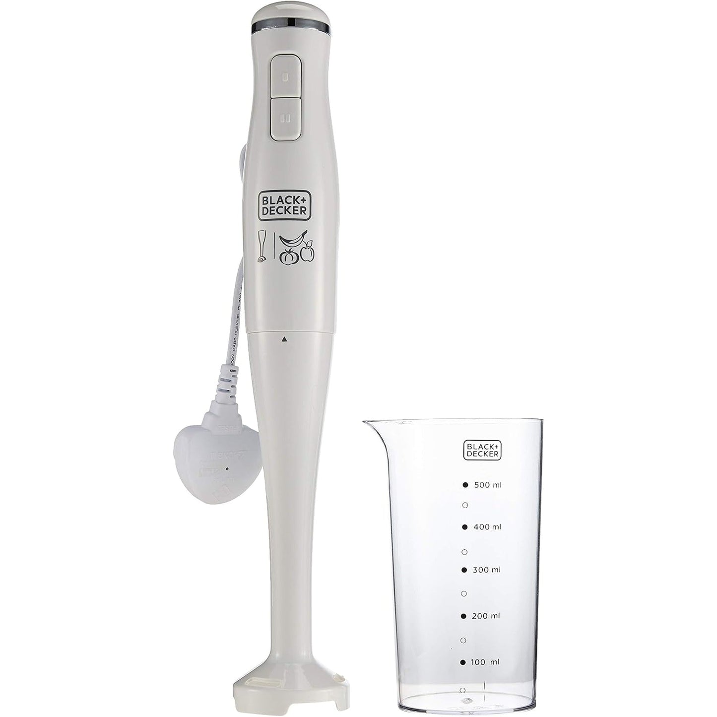 BLACK+DECKER 600W 600ml Hand Blender With Chopper Chopping Bowl, Stainless Steel Blades, 500ml Beaker, 2 Speed Buttons and 3in1 Functionality, For Blending/Chopping/Whisking HB600-B5 - Medaid