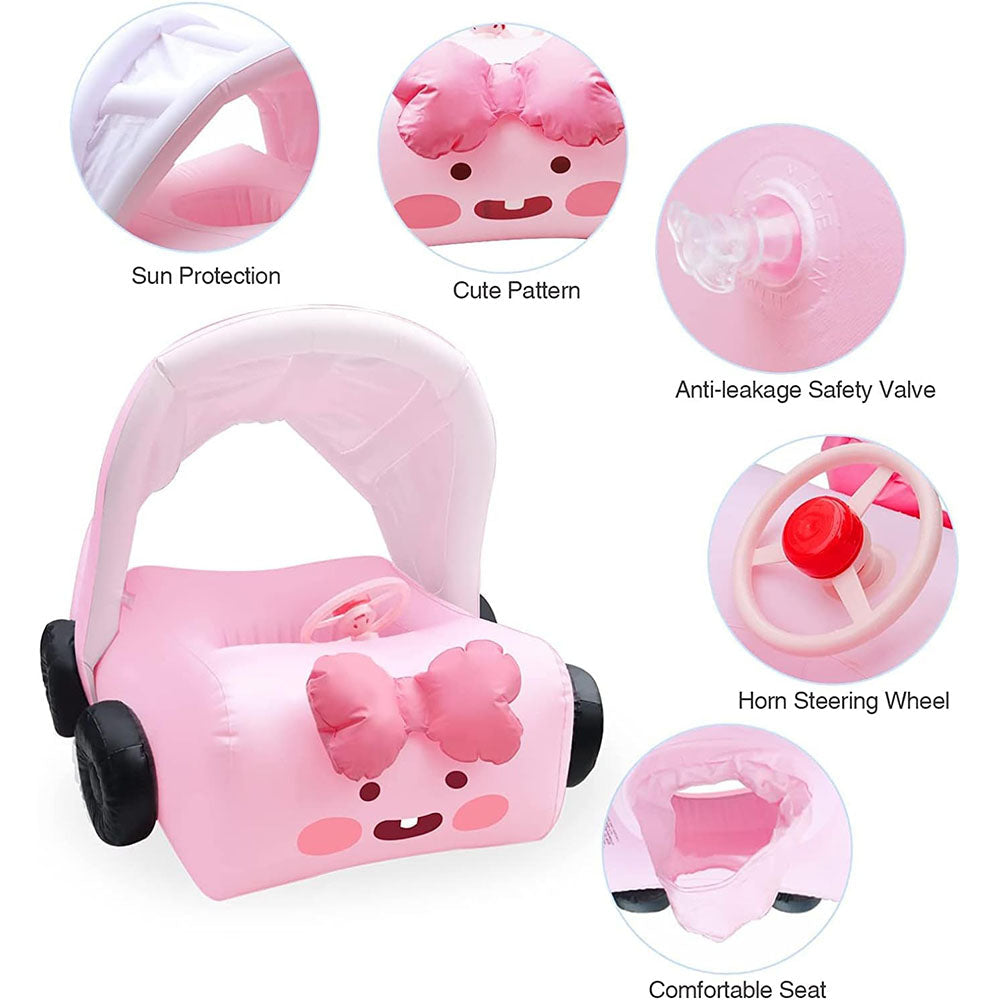 (NET) Cute Car Baby Pool Float with Canopy Inflatable Swimming Floats for Kids