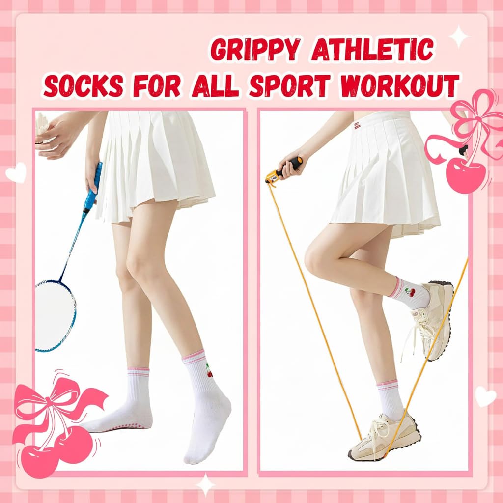 Non-Slip Reformer Pilates Socks, Grippy Socks with Breathable Fabric and Cute Embroidery, Ideal for Yoga, Pilates, Barre, Home Use, 4 Pairs