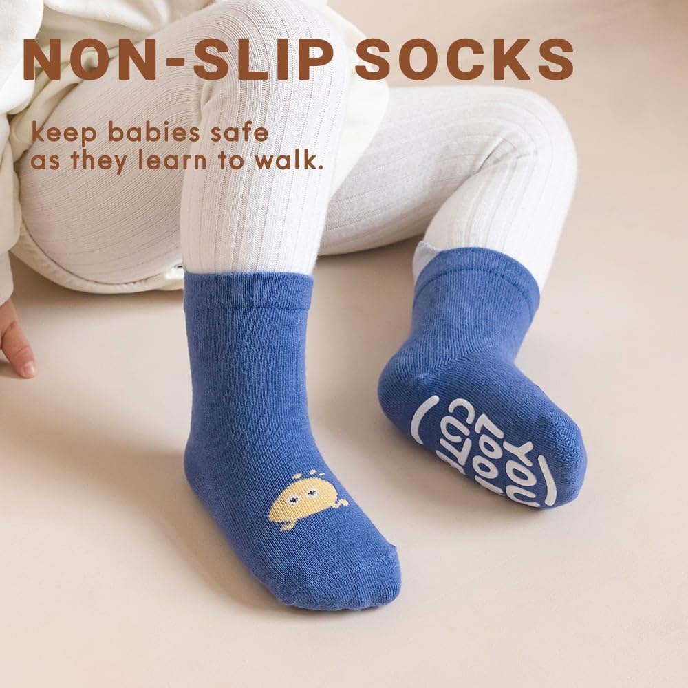 Baby & Toddler Non-Slip Crew Socks with Grippers, KASTWAVE Soft and Comfortable Socks for Infants, Toddlers, and Kids, Ideal for Everyday Wear and Safety