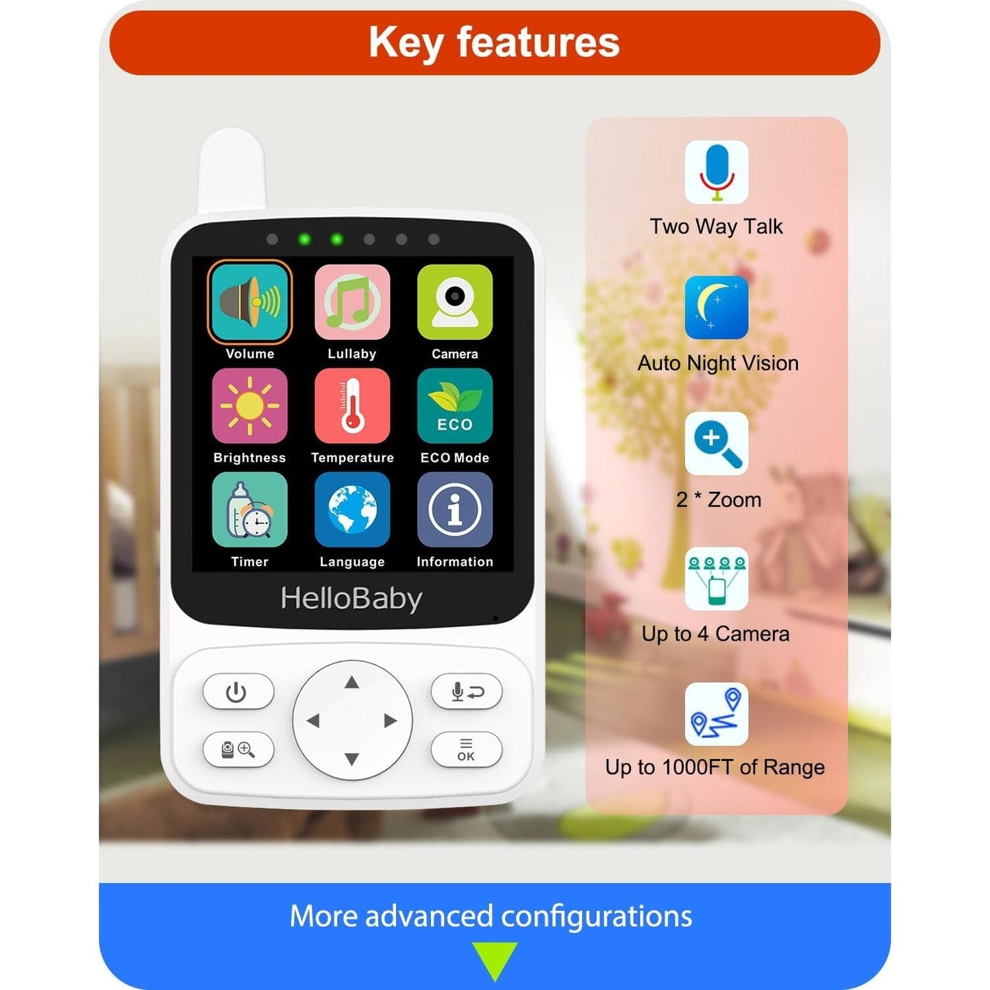 Hello Baby 4.00 No Wi-Fi Baby Monitor with Night Vision Portable for Nursery and Travel