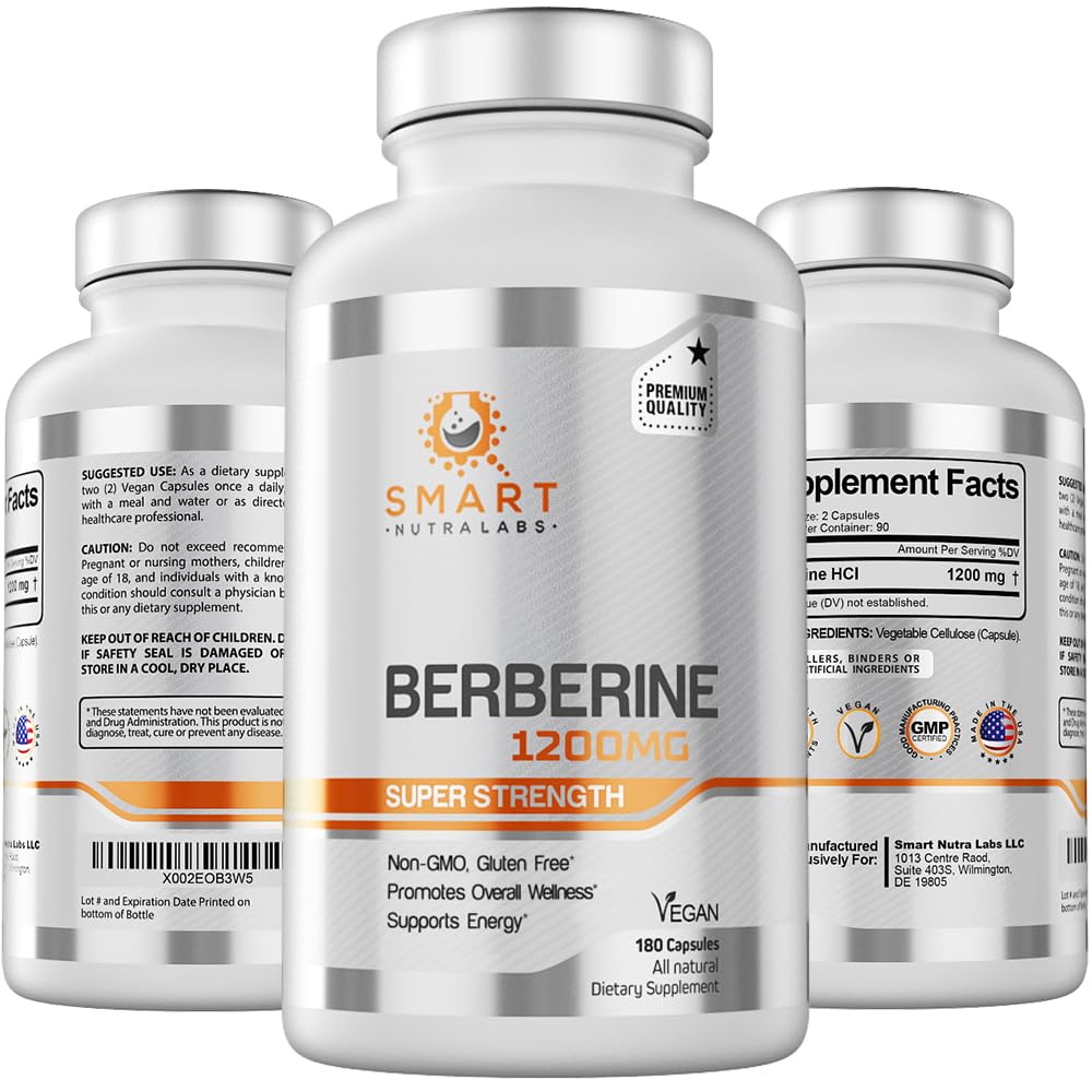 Smart Nutra Labs Premium Berberine HCL 1200mg- 180 Vegan Capsules, 100% Pure Berberine Supplement- Non-GMO, Gluten Free - Medaid International