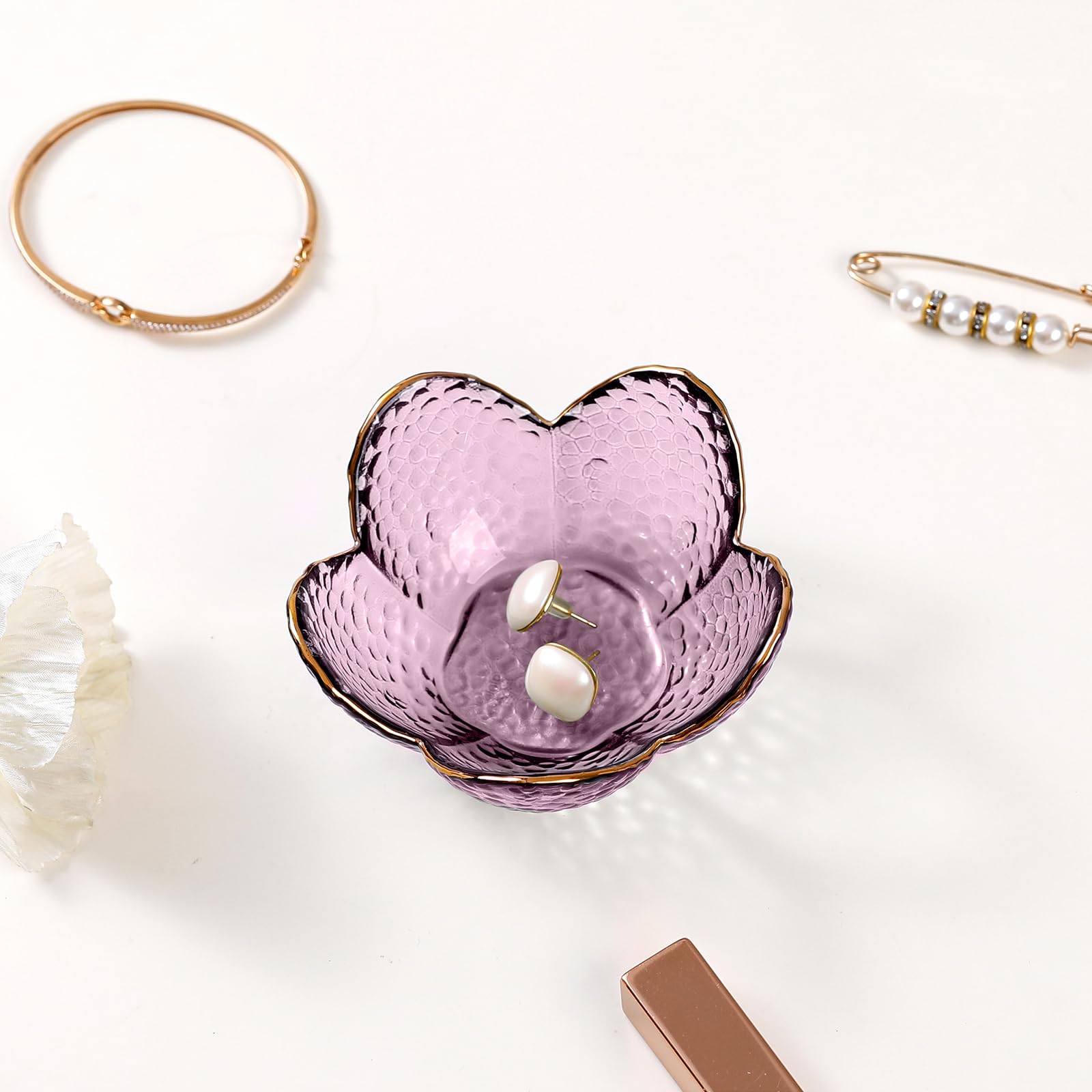 Purple Flower Jewelry Dish Glass Ring Holder Dish Jewelry Tray Cute Vanity Organizer Aesthetic Nightstand Bathroom Room Decor Trinket Dish Valentine's Friendship Christmas Birthday Gifts for Women - Medaid International