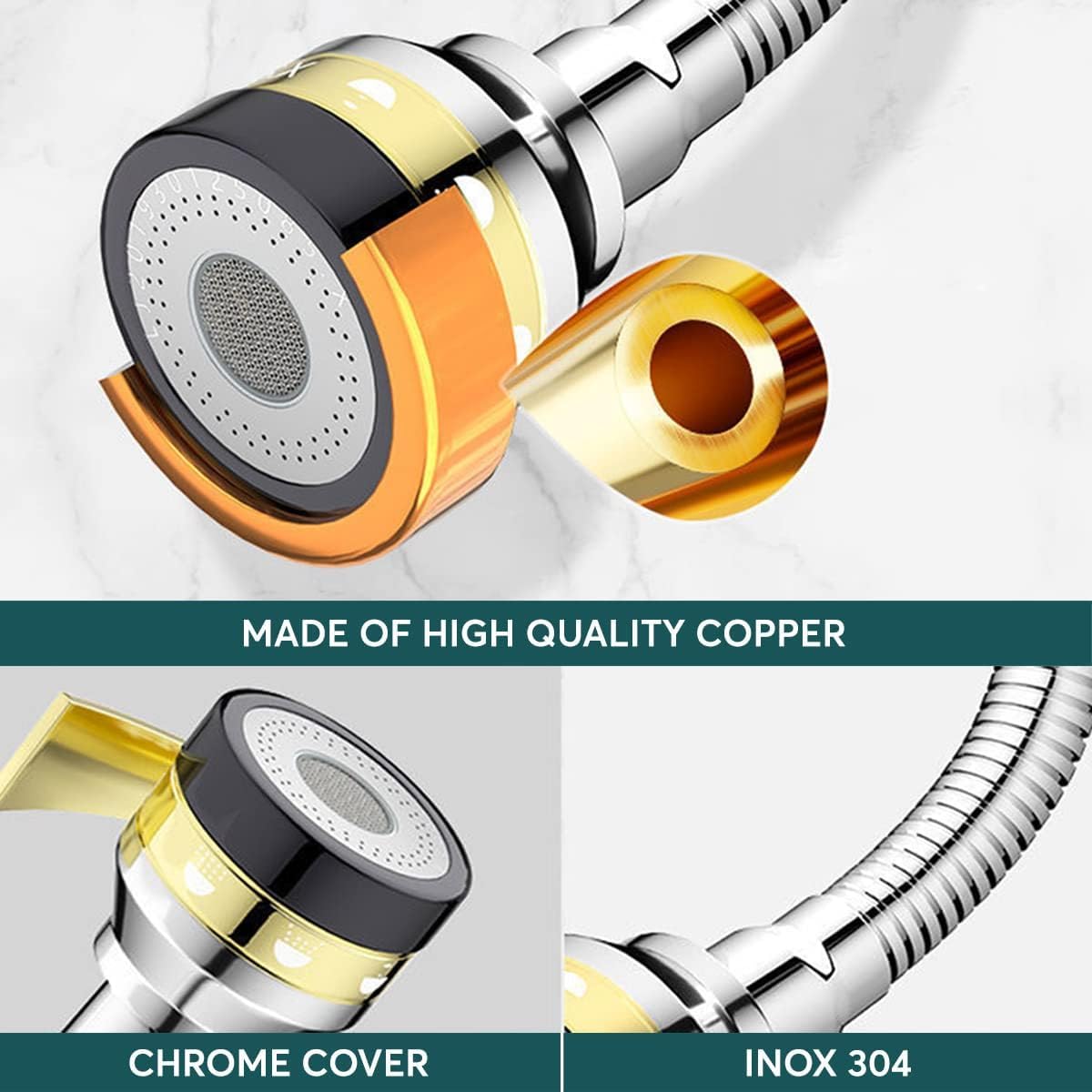 Azonee Faucet Sprayer Attachment, Kitchen Faucet Spray Head, Solid Brass and Stainless Steel 360 Degree Rotatable Aerator 3 Flow Mode Adjustable High-Pressure Booster Anti-Splash Water Saving Faucet