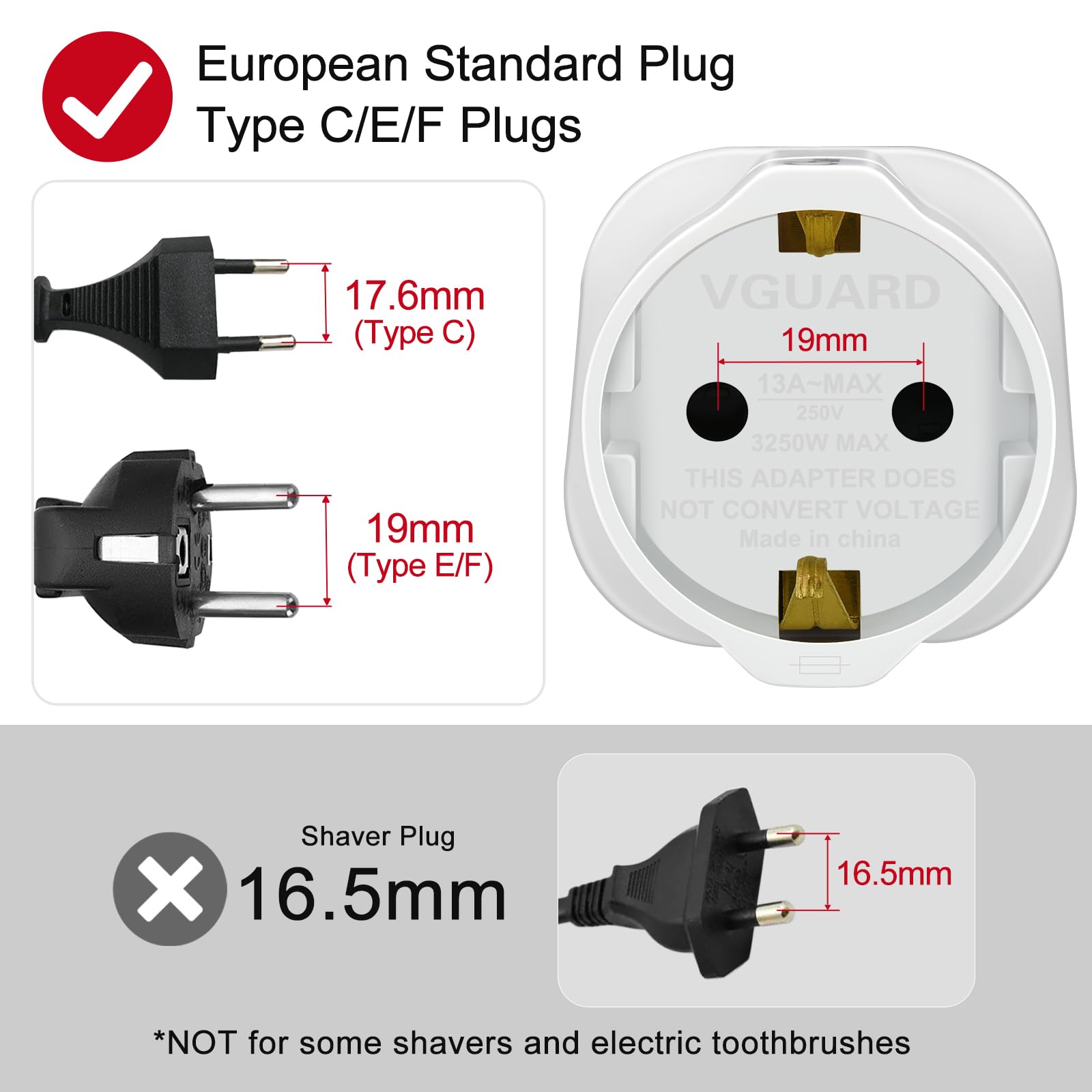 VGUARD Plug Adapter, 3 Pack EU to UK, White, for Travel from France, Italy, Spain, Germany to UK - Medaid International