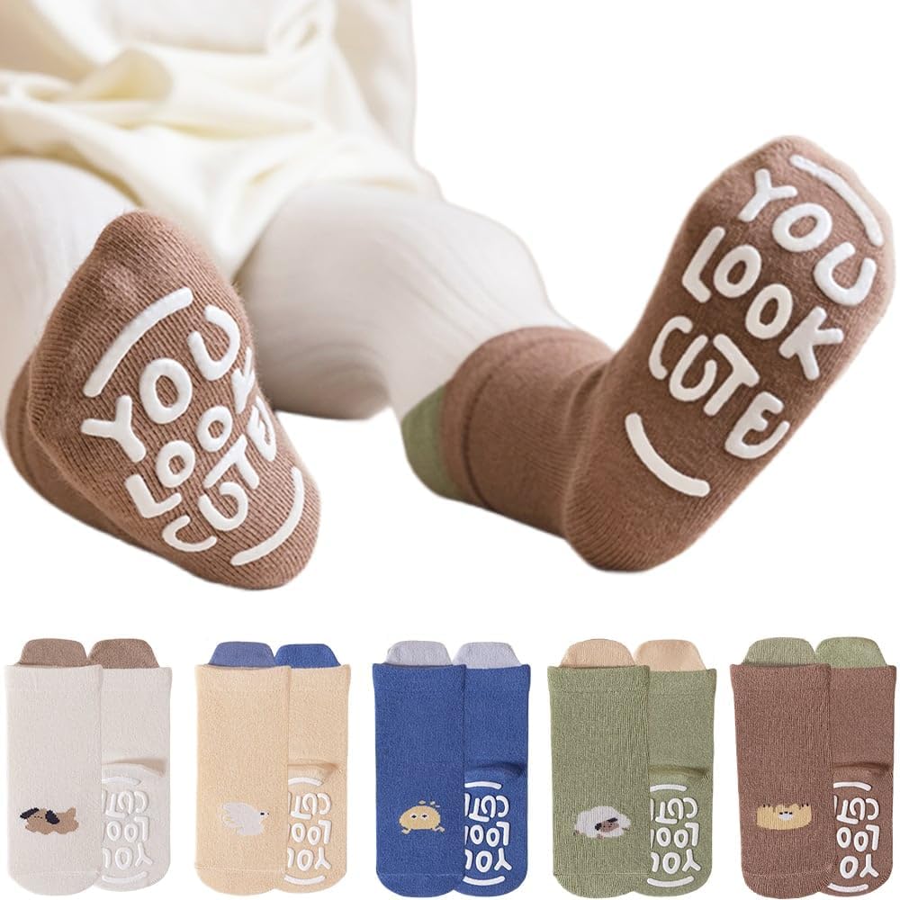 Baby & Toddler Non-Slip Crew Socks with Grippers, KASTWAVE Soft and Comfortable Socks for Infants, Toddlers, and Kids, Ideal for Everyday Wear and Safety