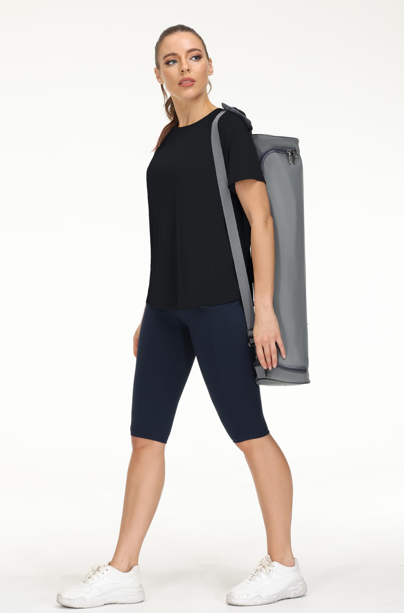 THE GYM PEOPLE Women's Short Sleeve Workout Shirts Breathable Yoga T-Shirts with Side Slits Athletic Tee Tops Black - Medaid International