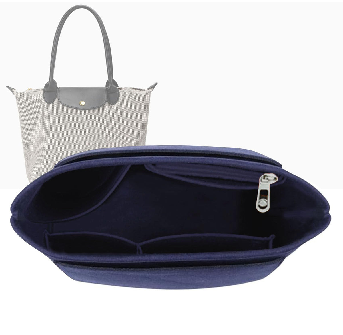 TERRIFI Multi-Pocket Felt Handbag Organizer, Folding Tote Bag organizer insert, Felt Organizer Insert Handbags & Base Shaper, for Insert Wallet Organizer for Longchamp (Dark Blue, Medium)