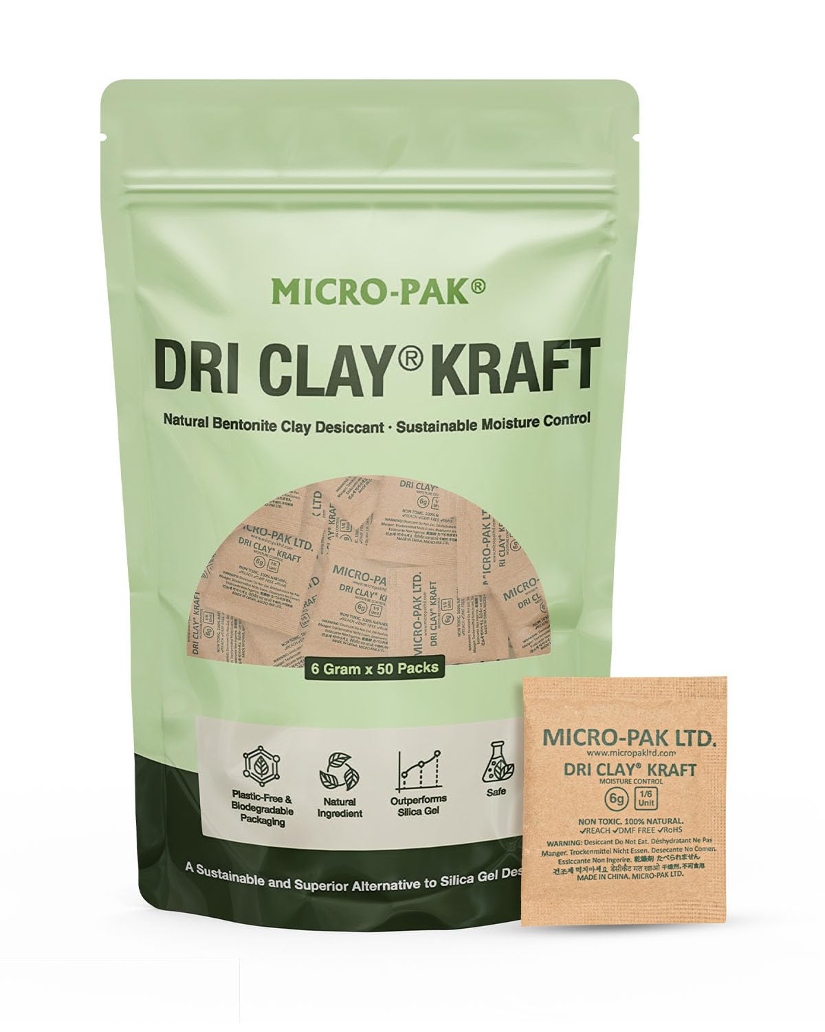 Micro-Pak Dri Clay Kraft, Highest Moisture Absorption Desiccant Packs, Silica Gel Packets Alternative, Food Safe Bentonite Clay, Desiccant Packs for Storage, Moisture Absorbers for Closet, 6gx50pcs - Medaid International