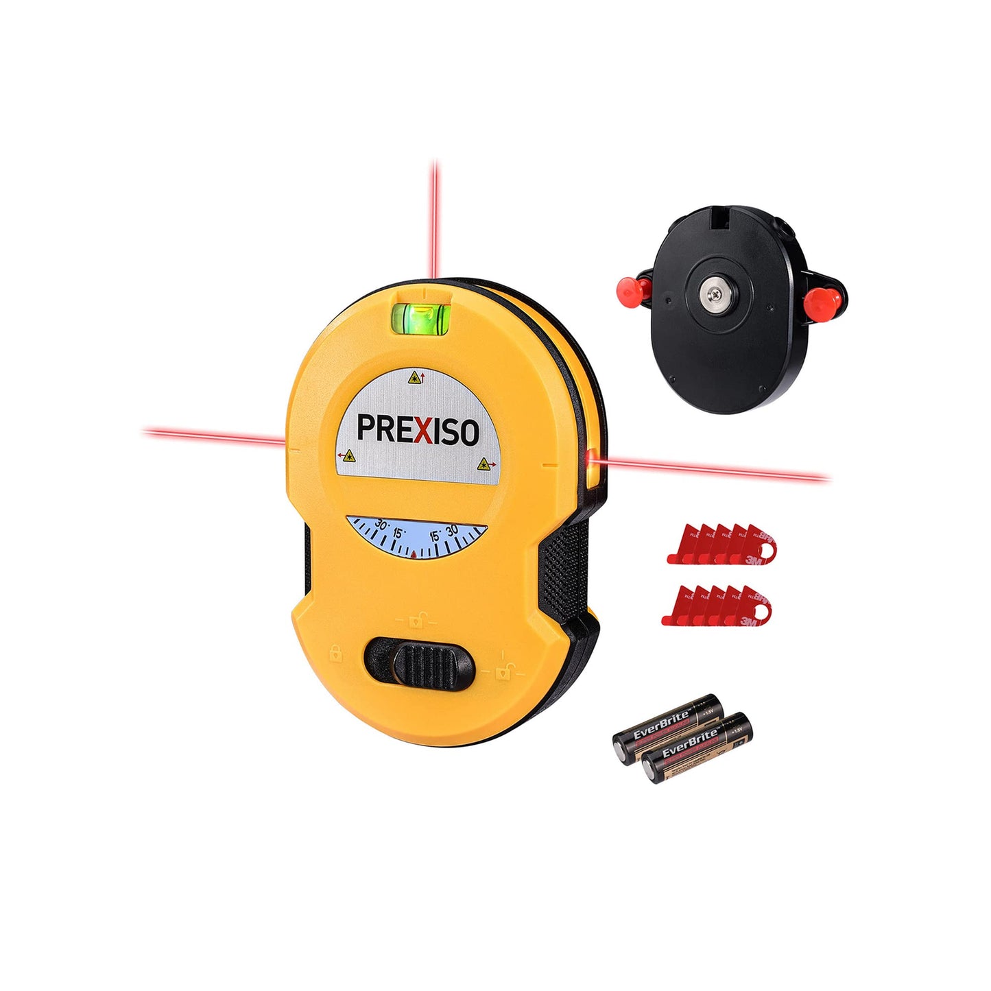 PREXISO Multi Surface Laser Level LED Light Vial, 30Ft Horizontal & Vertical Line Laser with Wall Mount Base, 2 Pins, 10 Sticker, 2 AA Batteries for Hanging Frames & Picture, Construction Wall Writing - Medaid International