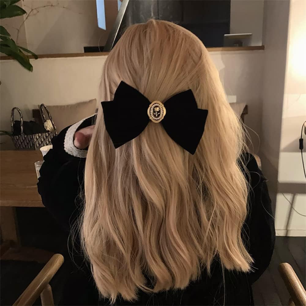 TERRIFI Velvet Hair Bows, Black Ribbon Clips, Ponytail Barrettes Accessories, for Women Girls Party Holiday Birthday Decoration Back to School Gifts 2 pcs