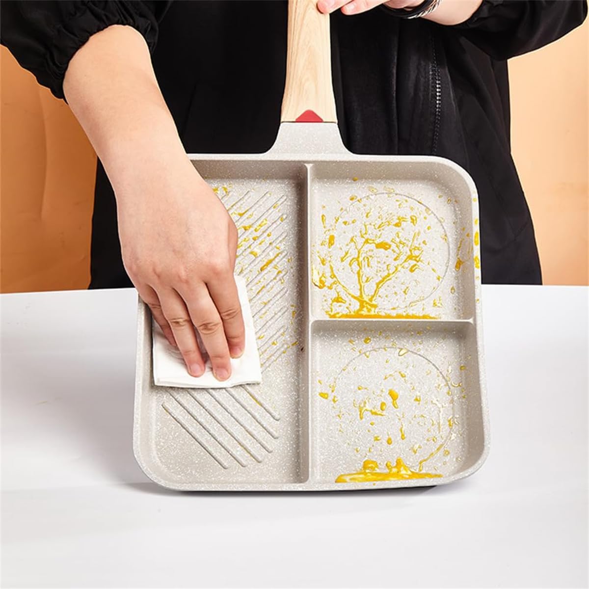 3-in-1 Divided Grill Pan, Nonstick Square Egg Skillet with Bakelite Handle, Induction Compatible