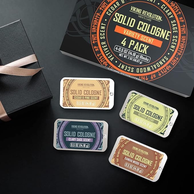 Viking Revolution 4 Pack Mens Solid Colognes 0.5 Oz - Men Solid Perfume with Cedar Wood, Clary Sage, Vetiver, Sandalwood Cologne for Mens - Travel Cologne Wax Gifts for Men - Medaid International