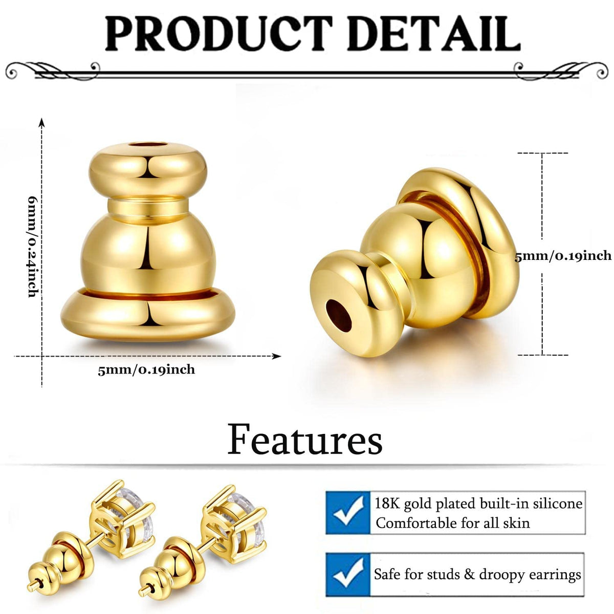 TERRIFI Locking Earring Backs for Studs, Hypoallergenic 18k Gold Bullet Earring Backs Replacements for Studs/Droopy Ears, Secure Locking Backing for Sensitive Ears (Gold 4pairs)