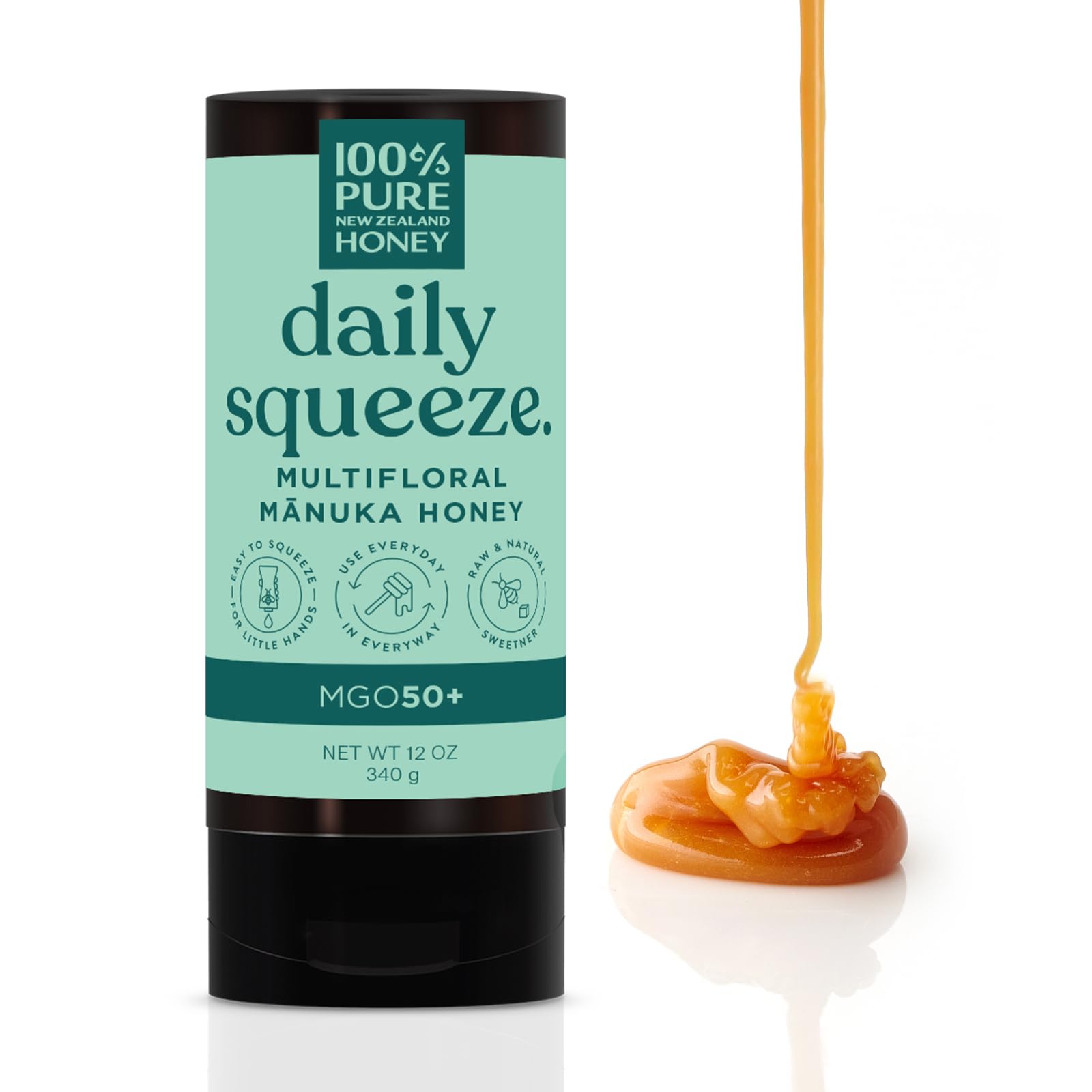 Manuka Honey New Zealand - MGO 50+ Multifloral 100% Pure New Zealand Mānuka Squeezy Honey, Raw Mānuka Honey, 12 Ounce - Medaid International