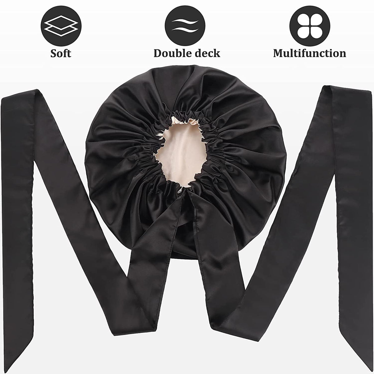 Satin Bonnet for Black Women, KASTWAVE Jumbo Silk Bonnet for Curly Hair, Silk Hair Wrap for Sleeping, Satin Bonnet with Stretchy Tie Band, Silk Bonnet for Curly Hair Wraps for Sleeping (Black)