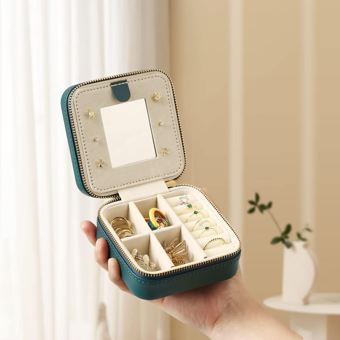 TERRIFI Small Travel Jewelry Box Organizer, Travel Jewelry Case with Mirror, for Rings, Earrings, Pendants, Watches, Necklaces, Lipsticks Organizer Storage Holder Case (Deep Green)