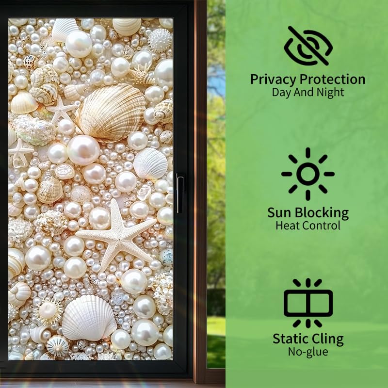 Window Film 17.3 x 39.3 Inch Decorative Seashell Pearl Starfish Privacy Glass Sticker Ocean Theme Self Adhesive Removable Window Covering for Bathroom Kitchen Door Coastal Home Décor - Medaid International