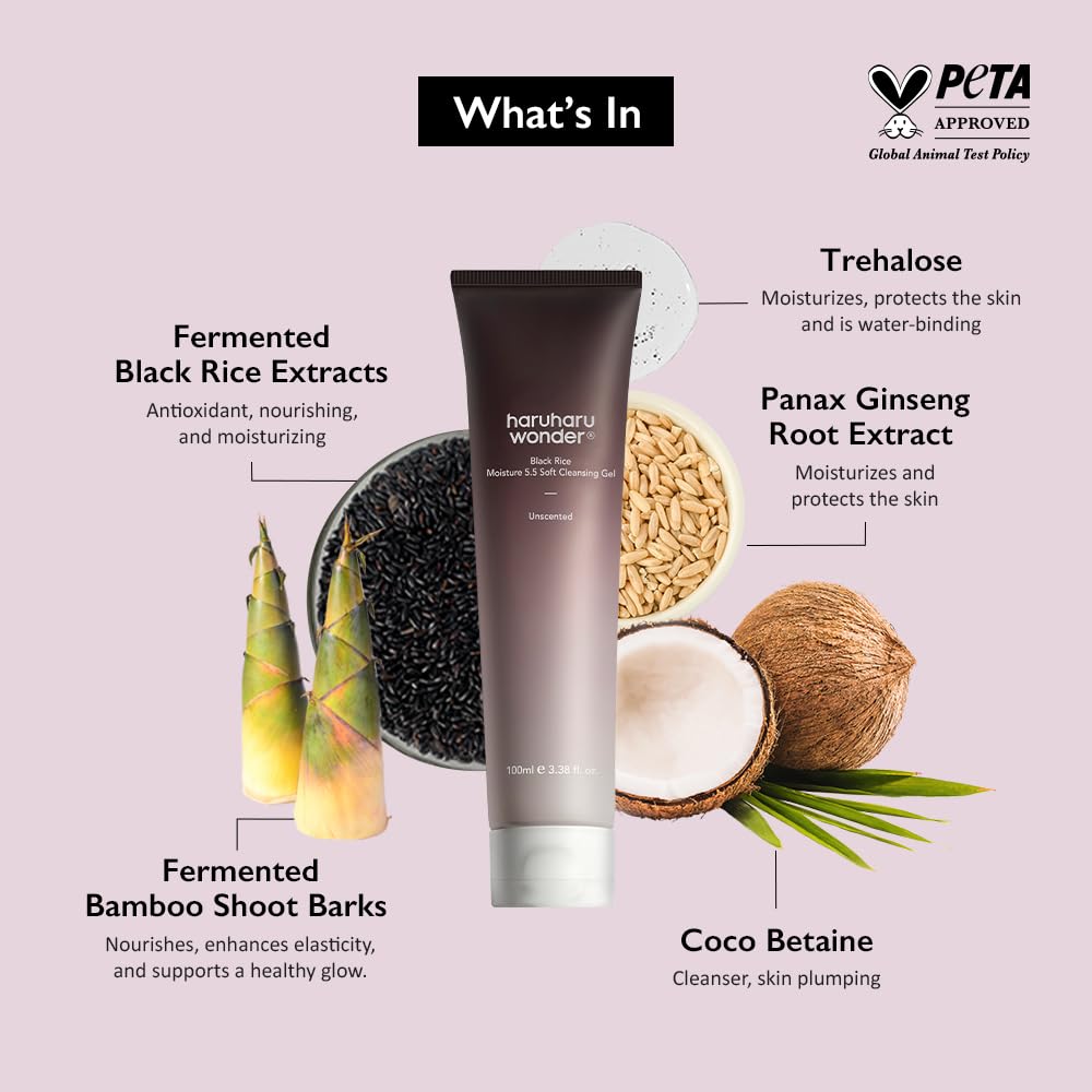 HARUHARU wonder Black Rice Moisture 5.5 Soft Cleansing Gel, Gentle Daily Cleanser, Low 5.5pH, Moisture Balance, Soap Free, For Sensitive Skin, Holiday Stocking Stuffer, Vegan, Cruelty-Free, 3.4 fl.oz - Medaid International