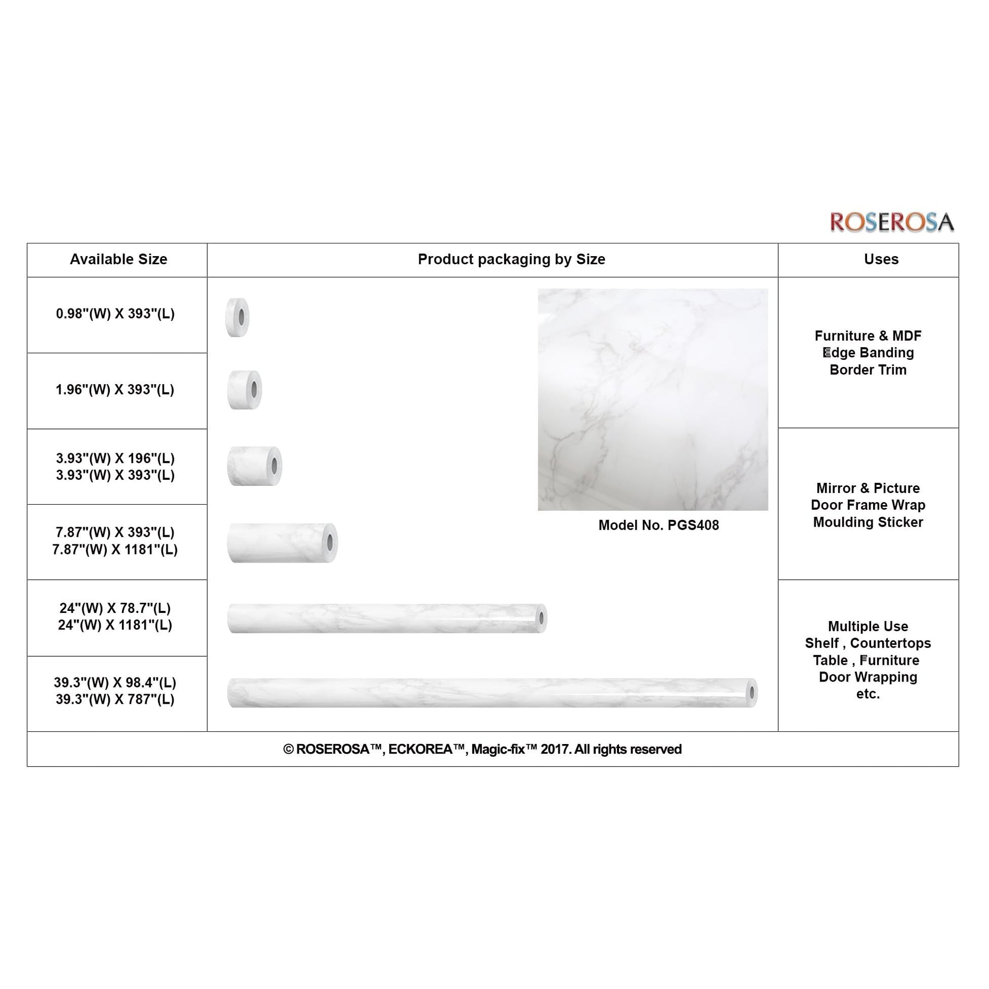 ROSEROSA Peel and Stick Faux Glossy Marble Self-Adhesive Wallpaper Door Wrap Countertop Moulding Trim PGS408 - Medaid International