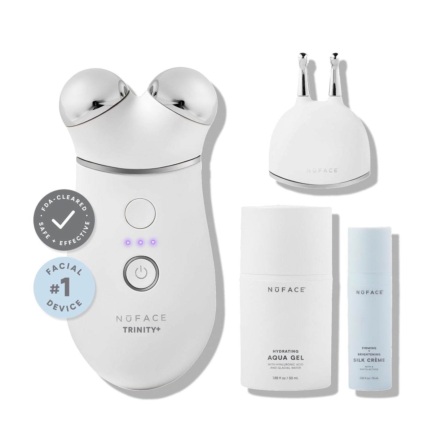 NuFACE Trinity+ Microcurrent Facial Device + Effective Lip & Eye Attachment - FDA Cleared Skin Tightening & Face Toning Device for Targeted Treatment + Microcurrent Gel Activator, Silk Crème & Brush - Medaid International