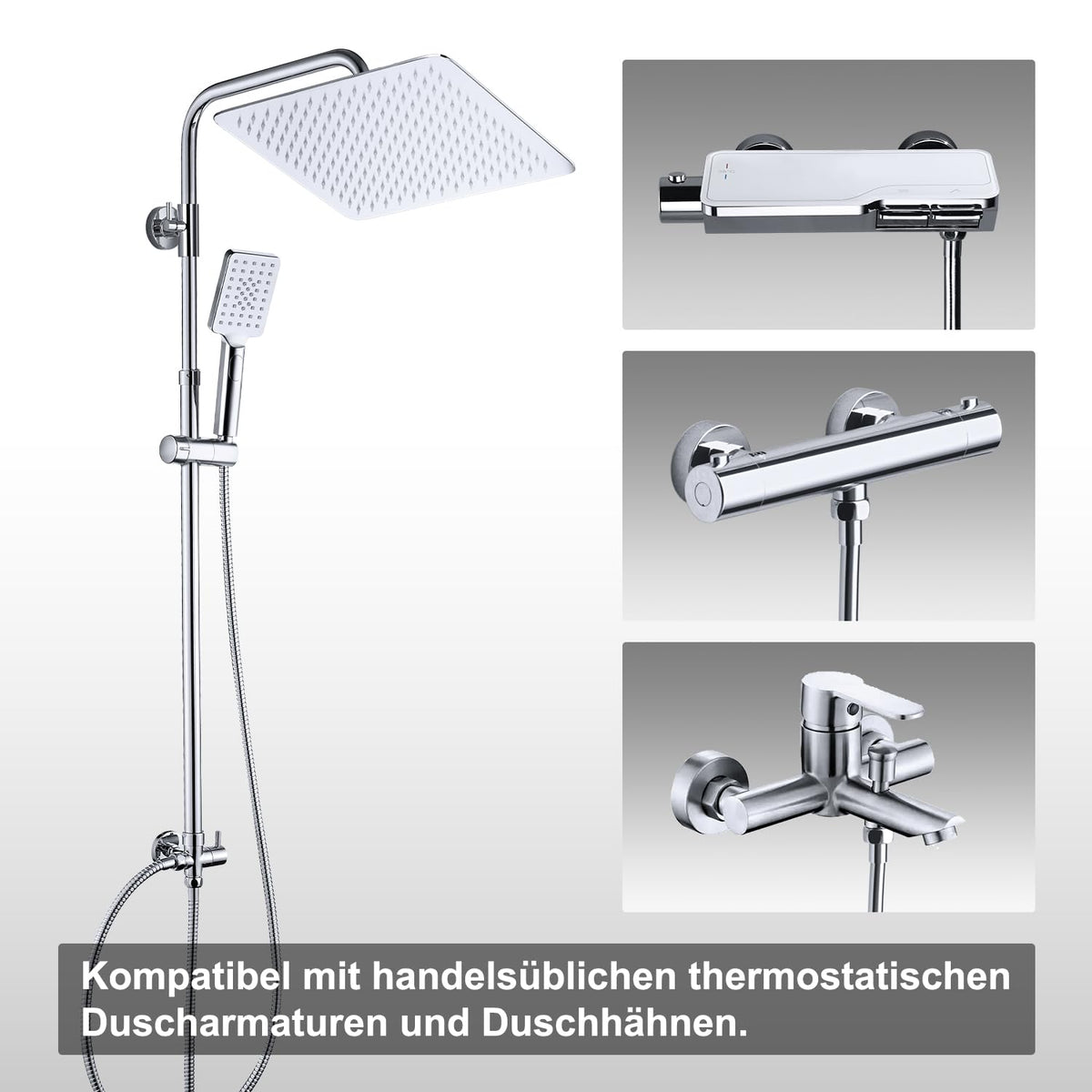 Görbach Stainless Steel Shower System, Shower Set without Luminaire, Rain Shower, Overhead Shower Set Chrome Square (SJ-E3030CP)