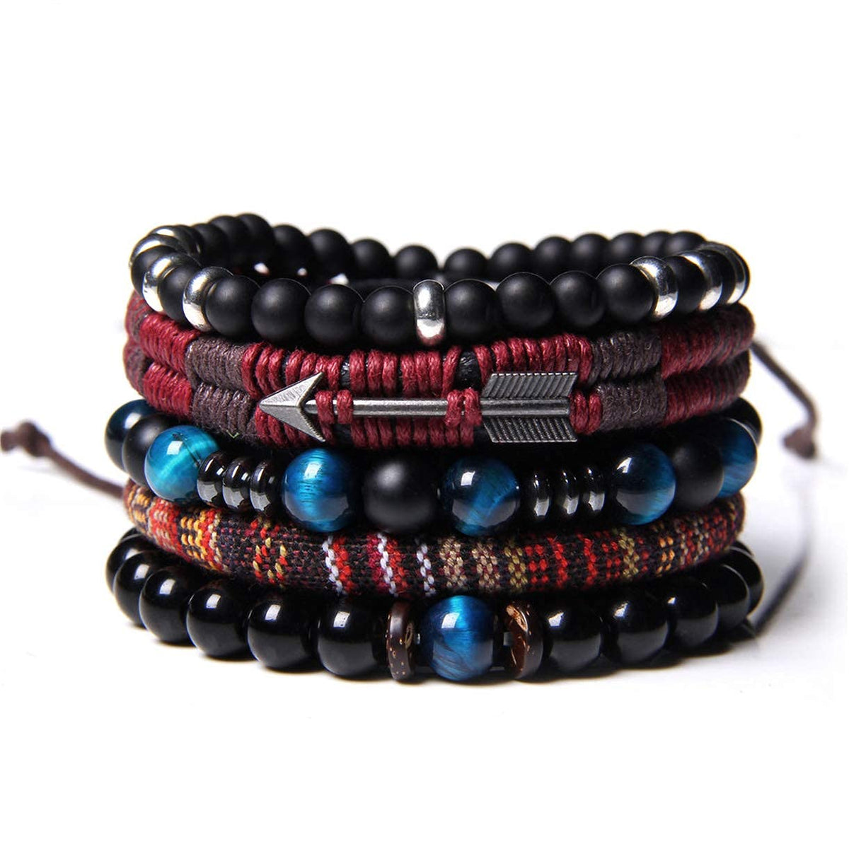 TERRIFI Braided Leather Bracelets for Men Women Wrap Tiger Eye Lava Rock Beads Bracelet Woven Ethnic Tribal Rope Wristbands Bracelets Set Adjustable