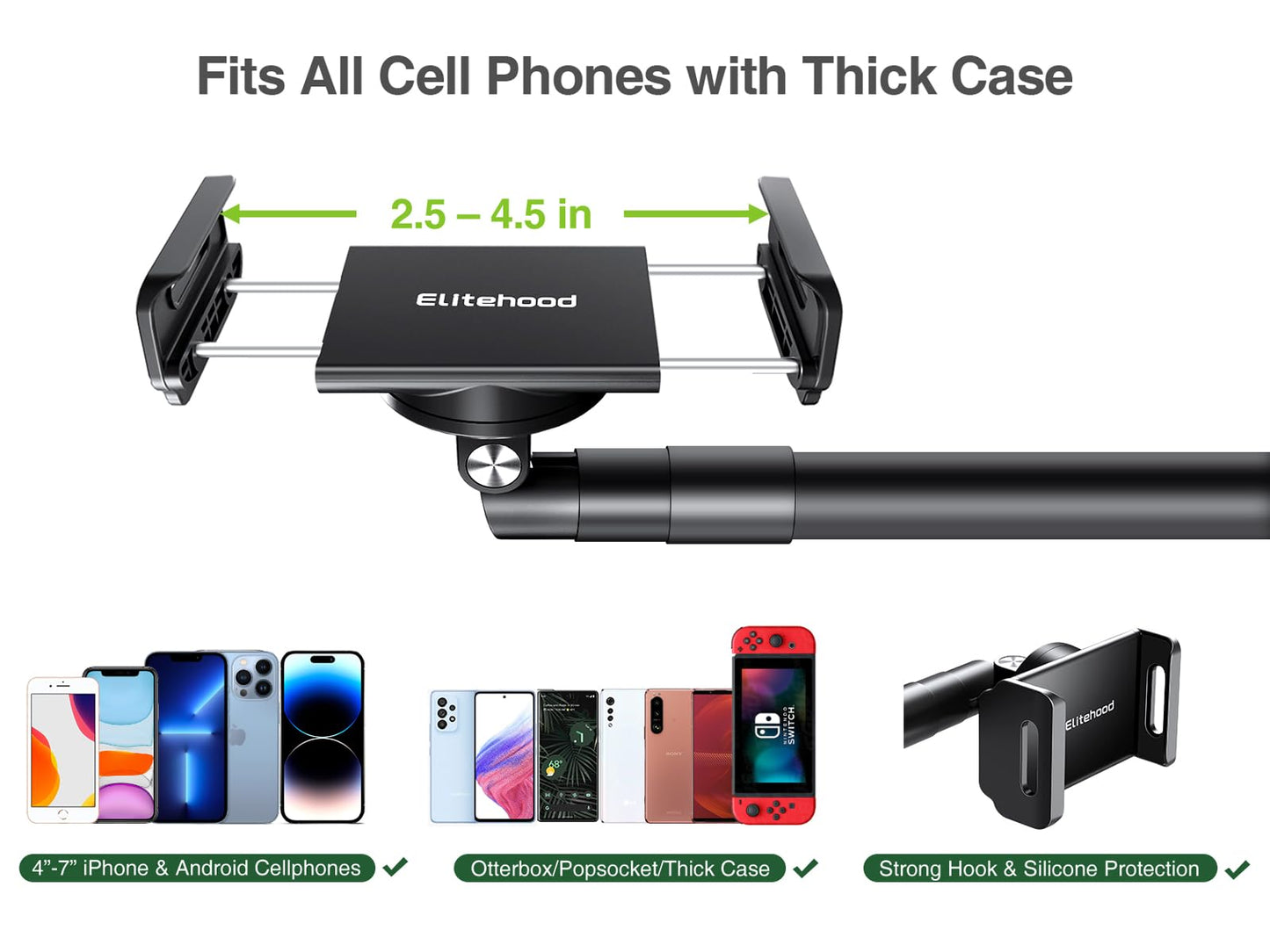 elitehood Heavy Duty Aluminum Overhead Phone Stand, 15 in Long Arm iPhone Holder for Video Recording, 360 Degrees Swivel Tilt Overhead Phone Mount for Filming, Meeting, Cooking, Painting and Crafting - Medaid International