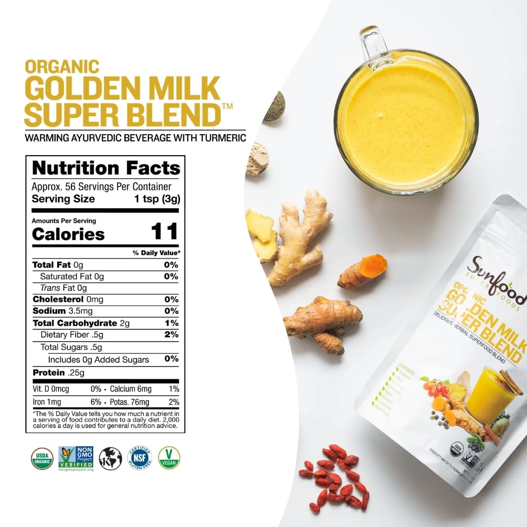 Sunfoods Golden Milk Super Blend - Superfood Golden Milk, Turmeric Powder, Superfood with Turmeric and Ginger, Black Pepper, Cinnamon & Cardamom, Turmeric Latte Powder, Vegan, USDA Organic - 6 oz - Medaid International