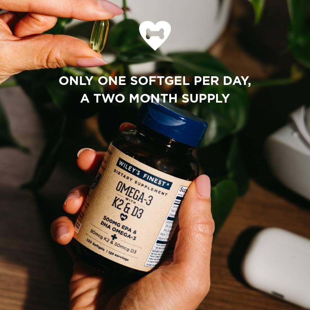 Wiley's Finest Wild Alaskan Fish Oil Vitamin K2 & D3 Softgels - 500mg of EPA and DHA Omega-3s for Bone and Heart Health Support - 120 Softgels (120 Servings) - Medaid International